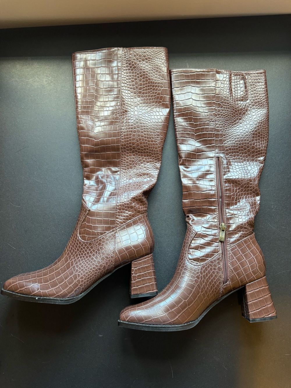 Brown Croc-Embossed Knee-High Block Heel Boots